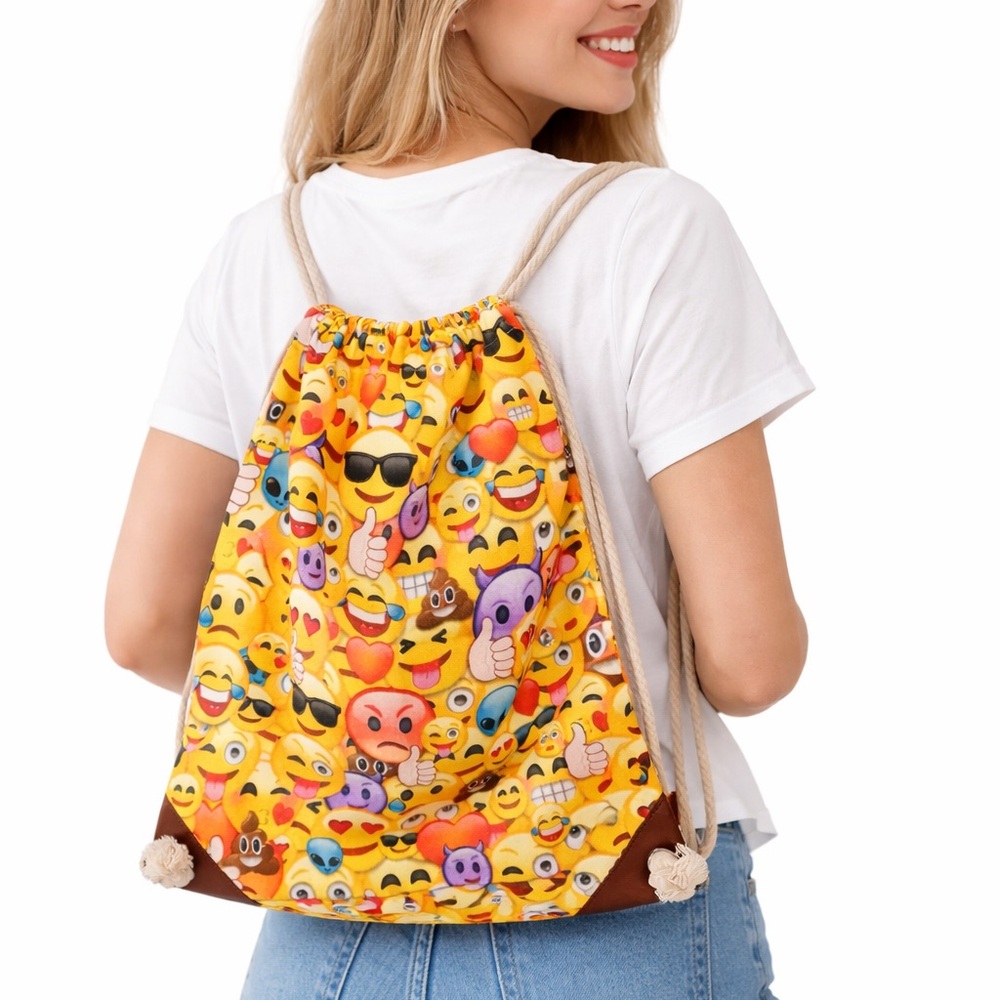 Y2K Emoji Print Drawstring Backpack Cute Fun Festival Bag
